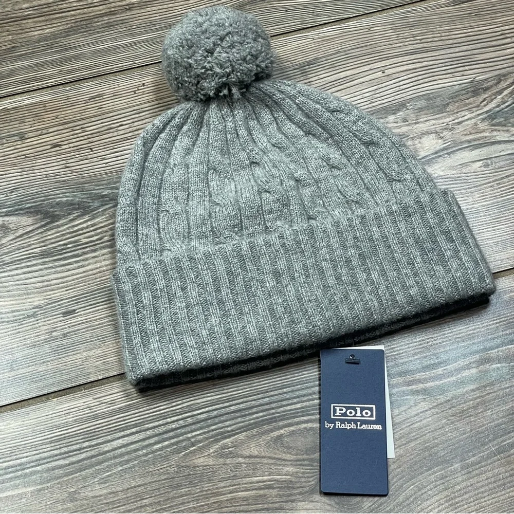 Polo Ralph Lauren Women's Cable-Knit Cashmere Pom Cuffed Beanie Gray NWT $198‎ - Picture 4 of 5